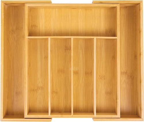 Expandable Bamboo Cutlery Drawer Organizer – Natural Wood Utensil Tray with Knife Holder by Koksi – Adjustable Kitchen Drawer Divider for Silverware and Flatware
