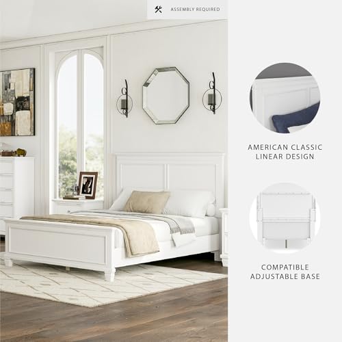 Image of Signature Design by Ashley Fortman White Wood Queen Panel Bed Frame | Modern farmhouse style, Durable hardwood solids and MDF substrate, Adjustable base compatible