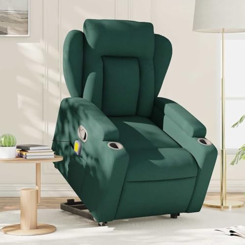 KTHLBRH Silla de Masaje Reclinable Elevable con Función de Vibración y 6 Puntos de Masaje, Tela Verde Oscura, Inclinación Manual de 135 Grados, Portavasos y Bolsillo Lateral,