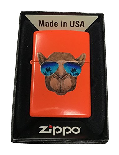 Zippo Custom Lighter - Cool Camel w/Blue Sunglasses & Palm Trees - Neon Orange