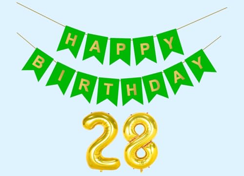 Image of 28th Happy Birthday Decoration Kit Green for 28 year Old Boys Girls Men Women with Number Twenty-eight Party Decorations Decor Celebration Items Item Set Combo Reusable Paper Banner