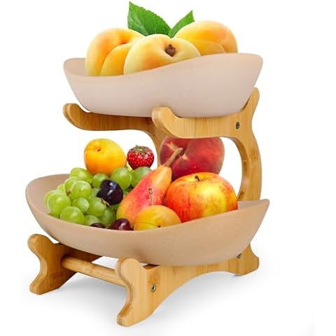Jidaonop 2 Tier Ceramic Fruit Bowl for Kitchen Counter, Large Ceramic Fruit Basket with Bamboo Stand, Decorative Fruit Holder, Vegetable and Fruit Storage Organizer for kitchen Countertop Cover