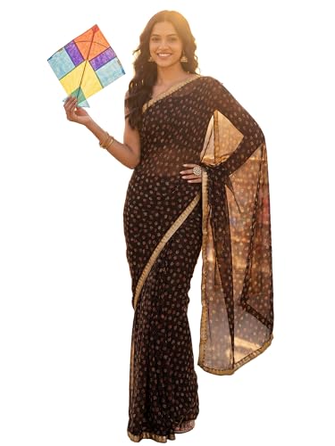Image of SAREE MALL Women's Brown Chiffon PolkaDot Printed Saree With Unstitched Blouse Piece (2QEN1610 AI2)