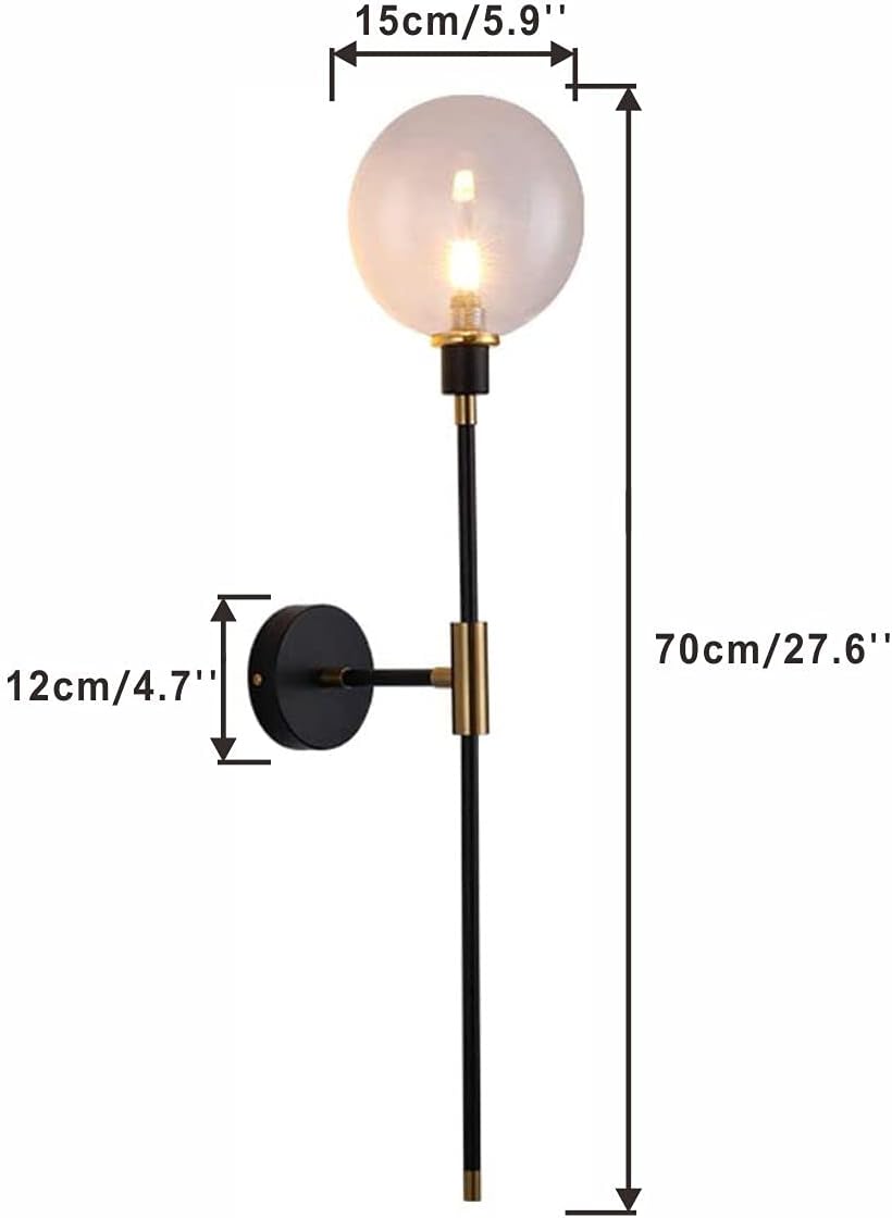 KCO KCOLighting 1-Light Sconces Wall Light Gold Black Modern Wall Mounted Sconce Globe Glass Shade Wall Lamp with Long Arm for Bedroom Hallway (Clear,2 Pack)