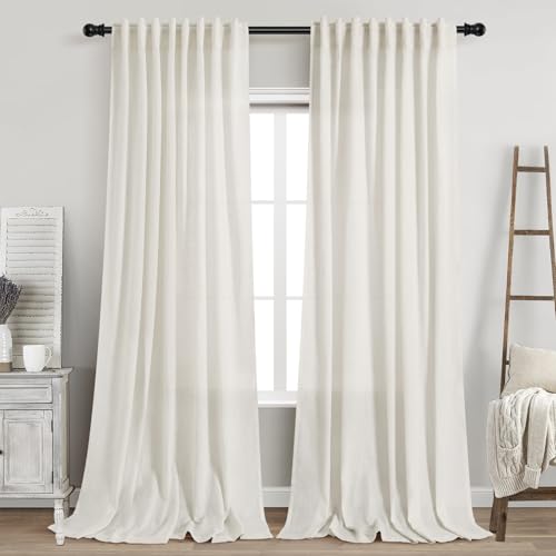 Image of Linen Light Filtering Curtains 96 Inches Long 2 Panels Long Cream Semi Sheer Linen Blended Window Curtains Back Tab Rod Pocket Natural Cream Rustic Farmhouse Drapes for Living Room Bedroom 60x96