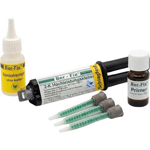 Ber-Fix MMA 2K-Kleber 3 Min – spaltfüllend & schlagfest für Metall, Kunststoff, PE/PP mit Primer – Kartusche 25 g, 3 Mischdüsen, Spezialreiniger 20 ml, Primer 5 ml