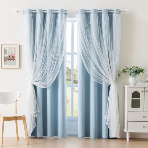 Image of Anytime Double Layer Blackout Curtains 2 Panels,52Wx120L,Sky Blue | Sheer And Fabric Window Drapes Grommet Top Solid Color Bedroom Living Room Home Decor