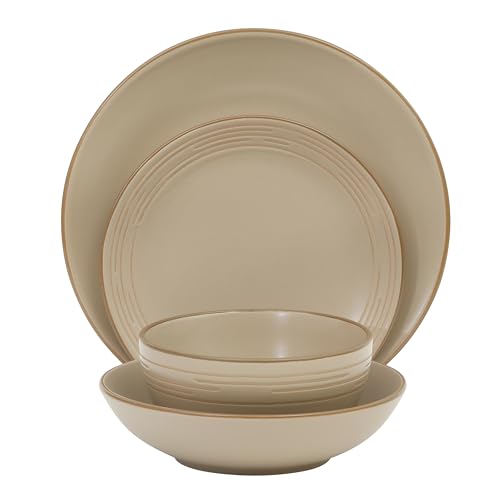 Image of Gibson Home Chiswick House 16-Piece Stoneware Dinnerware Set, Round Plates and Bowls Set for 4, Beige with Wax Relief Embossed Rim Detail, Dishwasher Safe - Dinner Plate, Salad Plate & Cereal Bowl