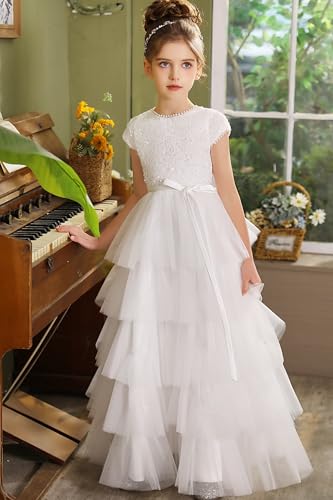 Sequins Flower Girl Dress Cap Sleeve for Wedding Puffy Tulle Pageant Dresses for Girls Pearls Prom Ball Gown with Bow2