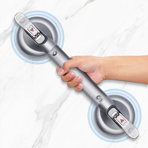 Skmeditec Haltegriffe für Senioren, Haltegriff Dusche ohne Bohren, MAX 120kg Abnehmbare Duschgriff mit Saugnapf, Badewannengriff mit Saugwarnung für Behinderte und ältere Menschen,Silber 17 Inch
