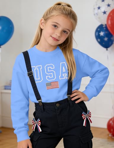 Image of Ithalt Kids USA Sweatshirt Boys Girls 4th of July Shirt American Patriotic Pullover with Embroidered Side Slits 5-14y