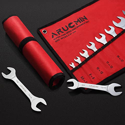 Arucmin Super-Thin Open End Wrench Set, 18-Piece Sae & Metric 1/4" To 1-1/16" And 5.5Mm To 27Mm Chrome Vanadium Steel Wrench Set With Rolling Pouch #TOP6