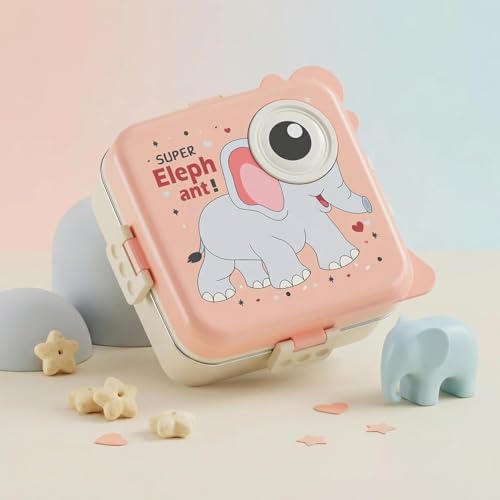 Image of TEKCOOL Kids Lunch Box for School, Stainless Steel Insulated Tiffin Box with Spoon, Leak Proof 3 Compartments Bento Box, BPA Free Food Grade Lunch Box for Kids, 1120 ml + 70 ml (Pink, Super Elephant);