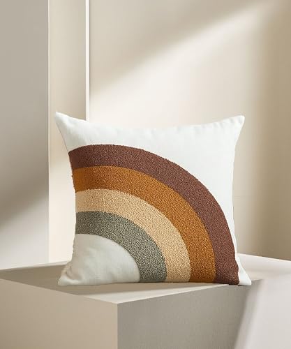 Image of Tarantaran Tufted Decorative Throw Pillow Cover, Blue and White Geometric Pattern with Tassels, 40.6 x 40.6 cm, Modern Square Pack of 2 (Brown Rainbow)