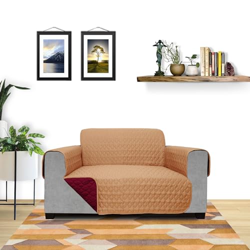 Image of Lithara 3 Layers Soft Quilted Reversible Sofa Cover 2 Seater with Pockets | Dust Protective Quilted Fabric Sofa Seat Cover Beige & Maroon
