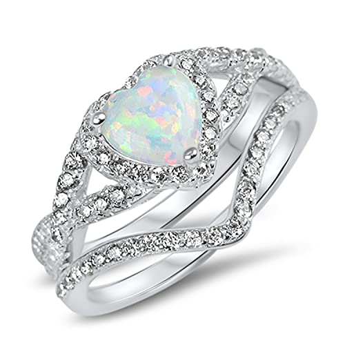 LaRaso & Co Vintage Sterling Silver White Opal Wedding Engagement Ring Set for Women Size 52