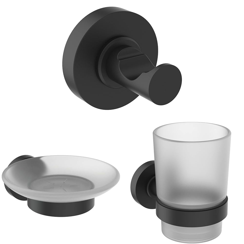 Set accesorios baño Ideal Standard 3 en 1 negro mate con gancho jabonera y portavasos IOM
