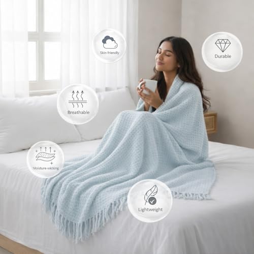 Image of HOMEMONDE 100% Cotton Handloom Waffle Throw Blanket for Sofa & Bed | Soft Lightweight Decorative Throw with Tassels | All-Season Couch, Chair & Bed Throw (50 x 60 Inches - Ice Blue)