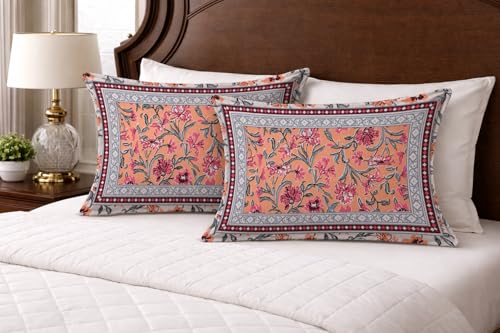 Image of ElanorHomes 180 TC Pure Cotton Pillow Covers Set of 2, Bedroom Pillows with Zip Closure, Soft Smooth Cool Breathable Pillowcases for Home (Blush Glow)