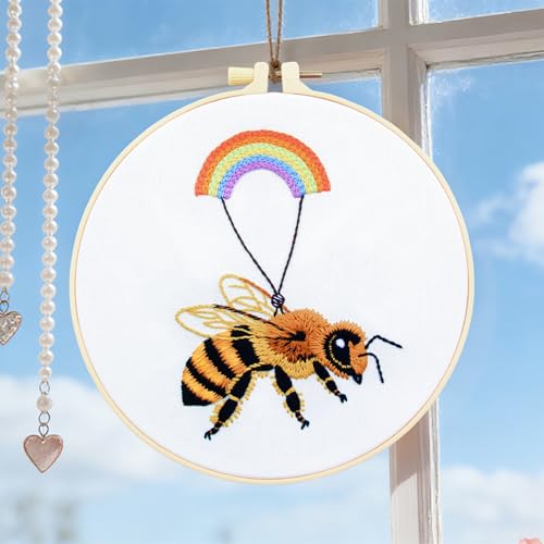 Image of Crafmanoe Cute Bees Embroidery Kits for Beginners Adults, Hand Embroidery Starters Kits, Stamped Cross Stitch Kits DIY Needlepoint Kits for Beginners Adults, Embroidery Hoop, Thread and Video Tutorial