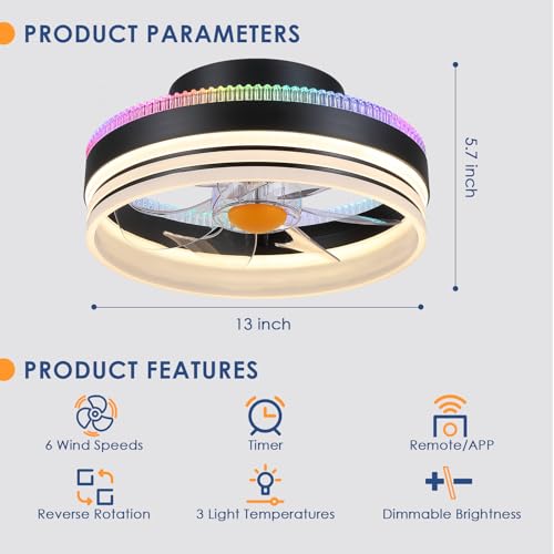 Image of Mpayel RGB Ceiling Fans with Lights, 13 inch Low Profile Ceiling Fan with Light and Remote, 3000-6000K Dimmable Modern Black Flush Mount LED Fan Light for Bedroom, Living Room, Kitchen