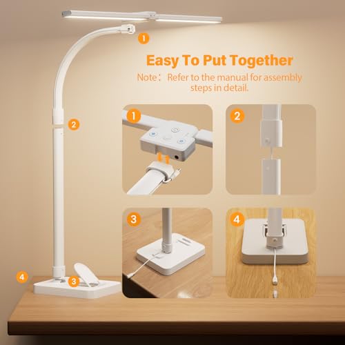 Image of LED Desk Lamp with Base - Bright Dimmable Computer Lamp with Phone Holder, 24W Bendable Desk Light for Monitor Screen, Eye-Caring Tall Desktop Light for Task Home Office Work, White, Dual Head