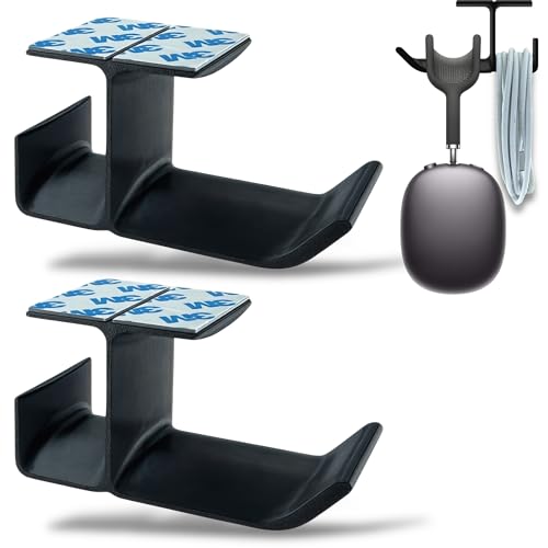 Image of SRS Under Desk Headphone Stand with Cable Organizer Storage Options | Headphone & Cable Hook Holder Hanger | Stick-ON Adhesive with Surface Cleaning Wipes (Black, Pack of 2)