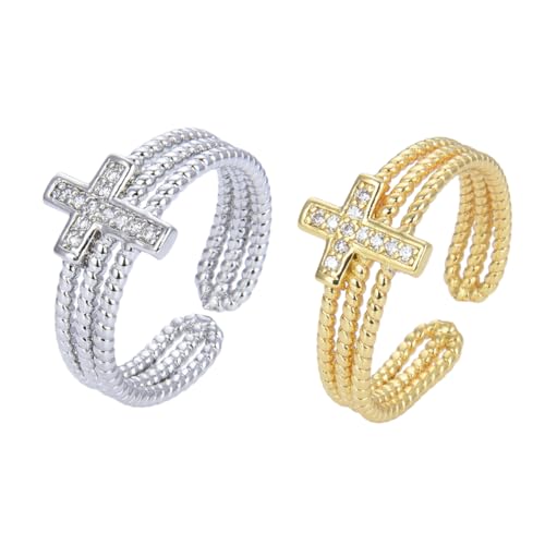 ODHLMFQ 1set Adjustable Rhinestone Cross Open Finger Rings Comfortable Fit Unique Sparkling Jewelry for Women and Teenagers 2pcs