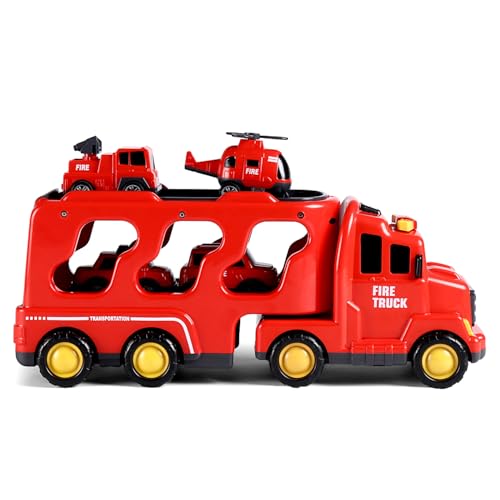 Image of Play Nation 5-in-1 Friction-Powered Truck Toy Set with Light&Sound-Educational Transport Carrier Vehicle for Kids 3 Years+,Emergency Rescue Toy for Girls&Boys,Birthday Gift (Fire,Red)