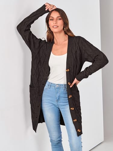 Image of PRETTYGARDEN Long Sleeve Cable Knit Long Cardigan for Women 2026 Spring Winter Chunky Open Front Button Sweaters with Pockets