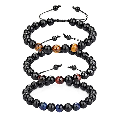 Ronglry Lot de 3 bracelets en perles œil de tigre en obsidienne noire - Bracelet réglable fait à la main - Jaune, rouge et bleu - Cadeau pour homme et femme - Pierre - Tigre, Pierre, œil de tigre