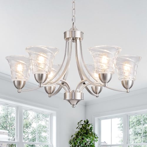 Image of Modern Brushed Nickel Farmhouse Chandelier 6 Light Silver Chandeliers for Dining Room Adjustable Height Hanging Light Fixture with Clear Glass Shade,Pendant Light Fixture for Living Room Hallway Foyer