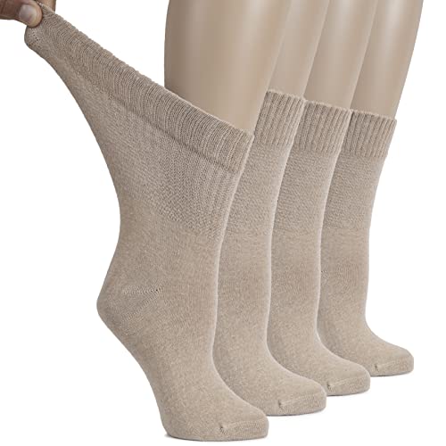 Hugh Ugoli Women's Cotton Diabetic Crew Socks, Wide, Thin, Loose Fit And Stretchy, Seamless Toe & Non-Binding Top, 4 Pairs, Light Beige, Shoe Size: 9-12 #TOP7