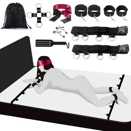 Bondage Set Bett Fesseln Sex Spielzeug für Sexspiele stabiles Fetisch BDSM Fesselset Bettfesseln mit Handschellen Fußfesseln Augenbinde Nippelklemmen Kreuzschnalle Paddel Sexspielzeug für Paare Extrem