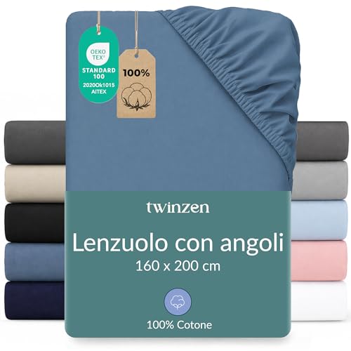 Twinzen Lenzuola Matrimoniali Cotone 160 x 200 cm - 100% Cotone Jersey, Blu - Oeko Tex Certificato - Lenzuola 160x200