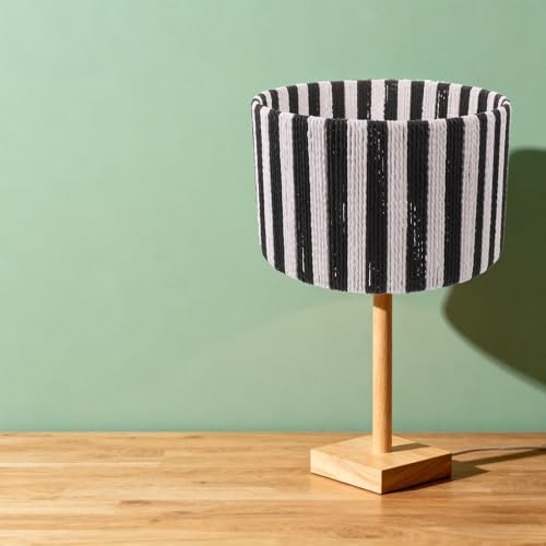 TIDTALEO Striped Drum Lampshade for Bedside Table, Lightweight Woven Paper Rope Lamp Shade with Double Tone Appeal, Cylinder Shape in Black for Bedroom Desk Lamp — view 7