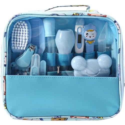 Kit Higiene Bebê Premium 13 em 1 - Estojo Completo com Tesoura, Pente, Termômetro, Cortador - Bolsa Organizada e Livre de BPA (Rosa) (Azul)