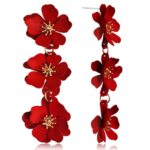Elegant Bohemian Matte Tiered Triple Flower Dangle Drop Earrings Chic Charm Cute Long Floral Stud Earrings for Women Statement Jewelry Gifts