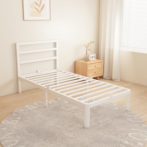 Image of 14 Inch Twin Bed Frames, Metal Bed Frame with Head Board, No Box Spring Needed, Heavy Duty Steel, Anti-Slip Mattress Stoppers, Noise Free, Round Corner Legs, Easy Assembly, White