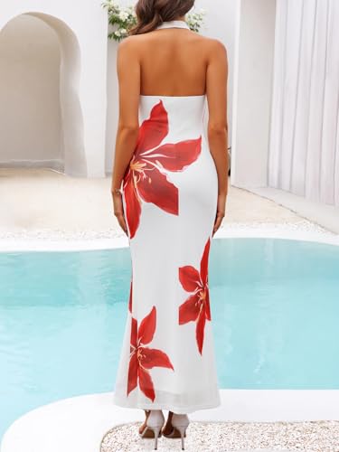 Image of ZESICA Women's Summer Floral Halter Neck Sleeveless Maxi Dress