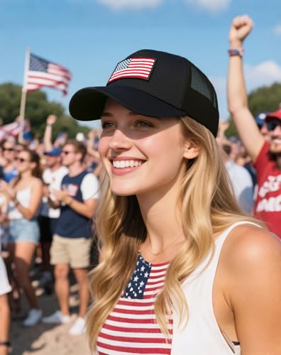 Image of American Flag Trucker Hat for Men Women, Adjustable Snapback Mesh USA Flag Baseball Cap