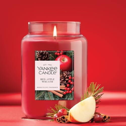Yankee Candle Large Jar Scented Candle with up to 150 Hour Burn Time, Premium Plant Wax Blend for Consistent Burn, 22 oz Jar Candle with Room Filling Fragrance, Red Apple Wreath