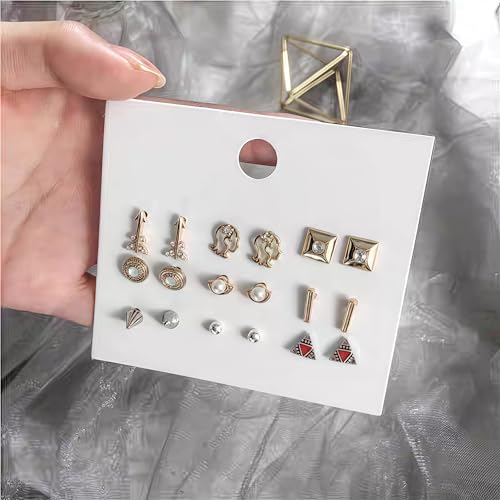 Image of Lishanti 9-Pair Gold Stud Earring Set for Women Assorted Dainty Designs with Arrows, Pearls, Crystals & Shapes - Lightweight Fashion Jewellery