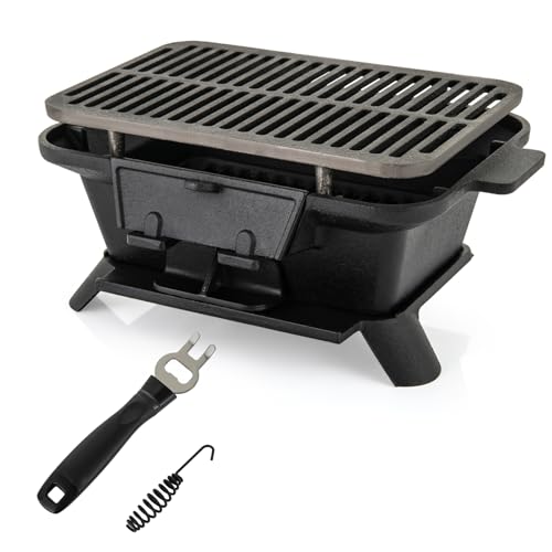 SPOTRAVEL Cast Iron Charcoal Grill, Portable Tabletop BBQ Griller with Double-Sided Grill Grid, Air Control & Coal Door, Outdoor Charcoal Barbecue Grill for Camping Picnic Party SPOTRAVEL Cast Iron Charcoal Grill, Portable Tabletop BBQ Griller with Double-Sided Grill Grid, Air Control & Coal Door, Outdoor Charcoal Barbecue Grill for Camping Picnic Party