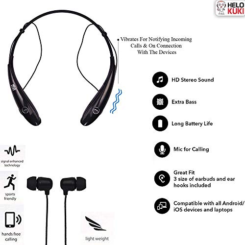 Image of Helo Kuki HKB111 Bluetooth Headphones Neckband Wireless Headset with Mic for Gaming Sports Mobile Tablet Laptops and Compatible for All Android /iOS Devices (Black)