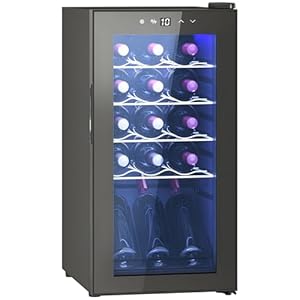 HOMCOM Cantinetta Vino Refrigerata 15 Bottiglie 44L Cantina Vino Monotemperatura 5-18℃ Cantina Vino Bar con Vetro Anti UV, Compressore, Ripiani Regolabile, Display Touch, Luci LED, Classe G, Nero