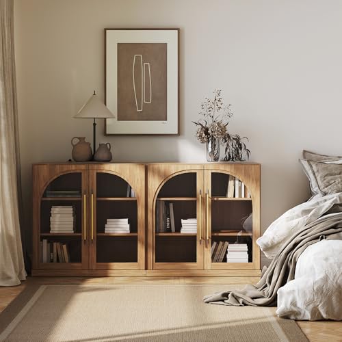 Image of BELLEZE Set of 2 Modular Sideboard with Arched Glass Door, 65'' Accent Display Buffet Cabinet with Storage and Adjustable Shelves,Classic Modern Credenza for Living Room Kitchen Entryway (Camel)