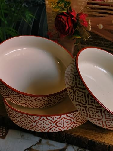 Image of Niyara Stoneware Handmade Ceramic Stylish Premium Serving Bowls /Salad Tray Microwave Dishwasher Safe (red Salad Bowl Set of 3)
