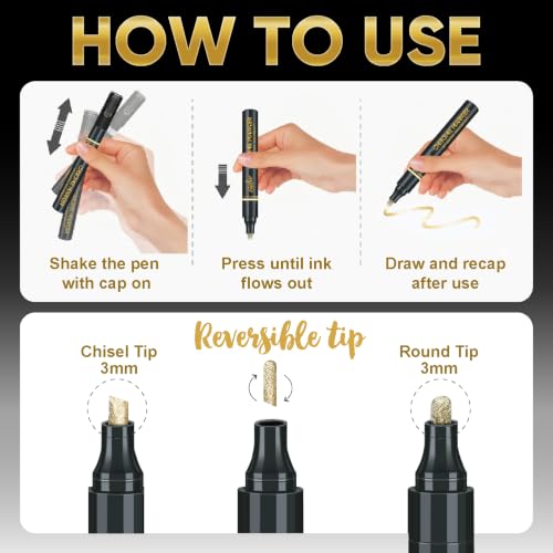 Image of 3PK Liquid Gold Chrome Paint Markers, Metallic Mirror Gold Pens | 1mm, 2mm & 3mm Reversible Tip Permanent High Gloss Markers for Metal, Plastic, Fabric, Model Painting, Touch-Up & Repair Kit