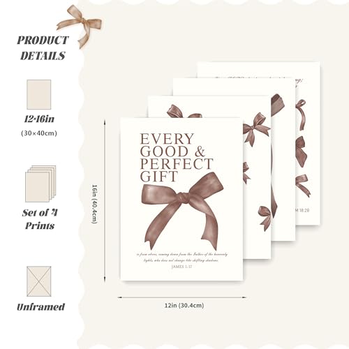 Image of LARTSFRO Coquette Brown Bow Wall Art Decor Posters, Chocolate Brown Bow Room Bedroom Bathroom Dorm Wall Art Decor Aesthetic for College Teen Girls Gifts, Inspirational Bible Verses Bow Wall Decor, 12x16 Inch Set of 4 Pcs Bow Pictures (UNFRAMED)